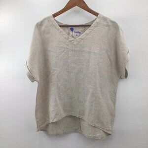 Yuvita Natural 100% Linen Short Sleeve V-neck Top